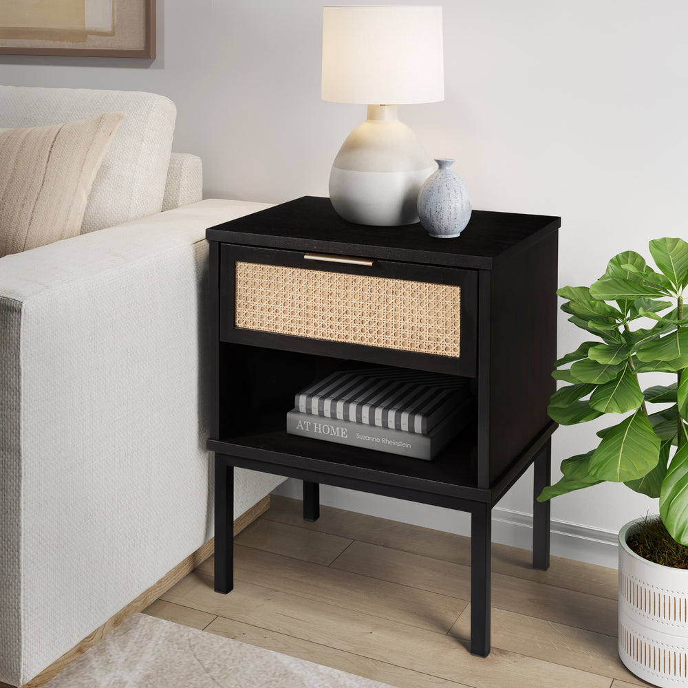 Caine Rattan Nightstand/Side Table - Black