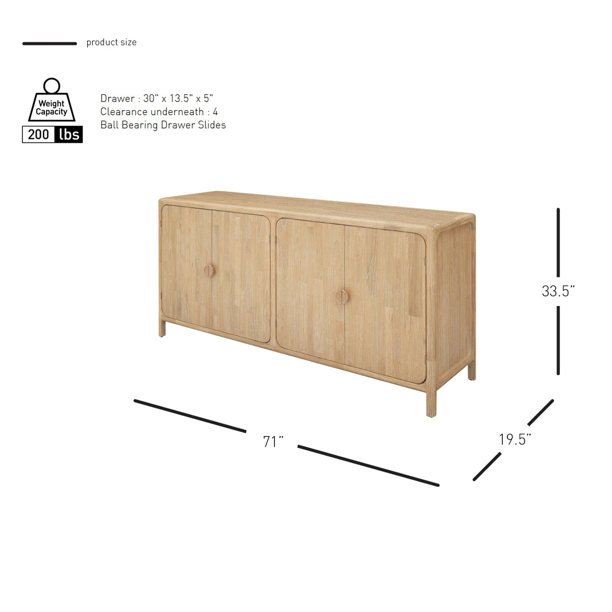 Hansville Sideboard 4 Doors with 2 Inner Drawers - Natural Whitewash