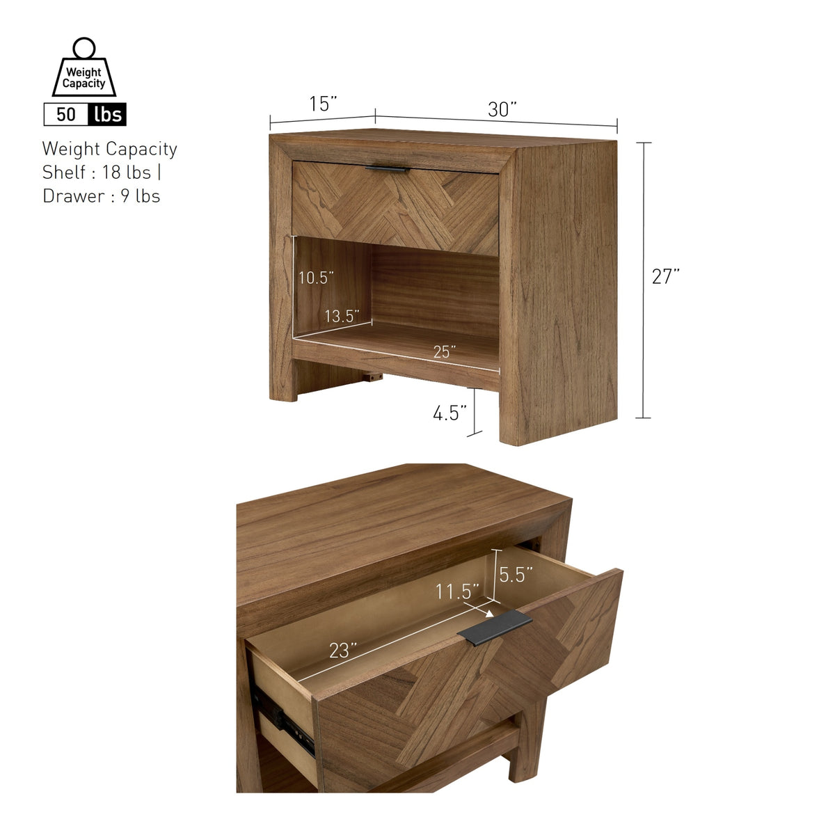Kingston Herringbone 30" Nightstand/Side Table - Hazelnut Brown - view 2