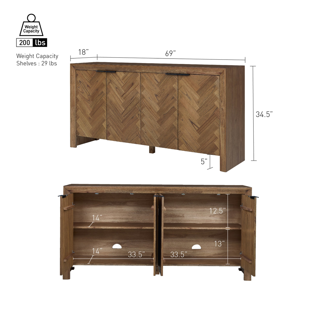 Kingston Herringbone Buffet/Sideboard 4 Doors - Hazelnut Brown - view 2