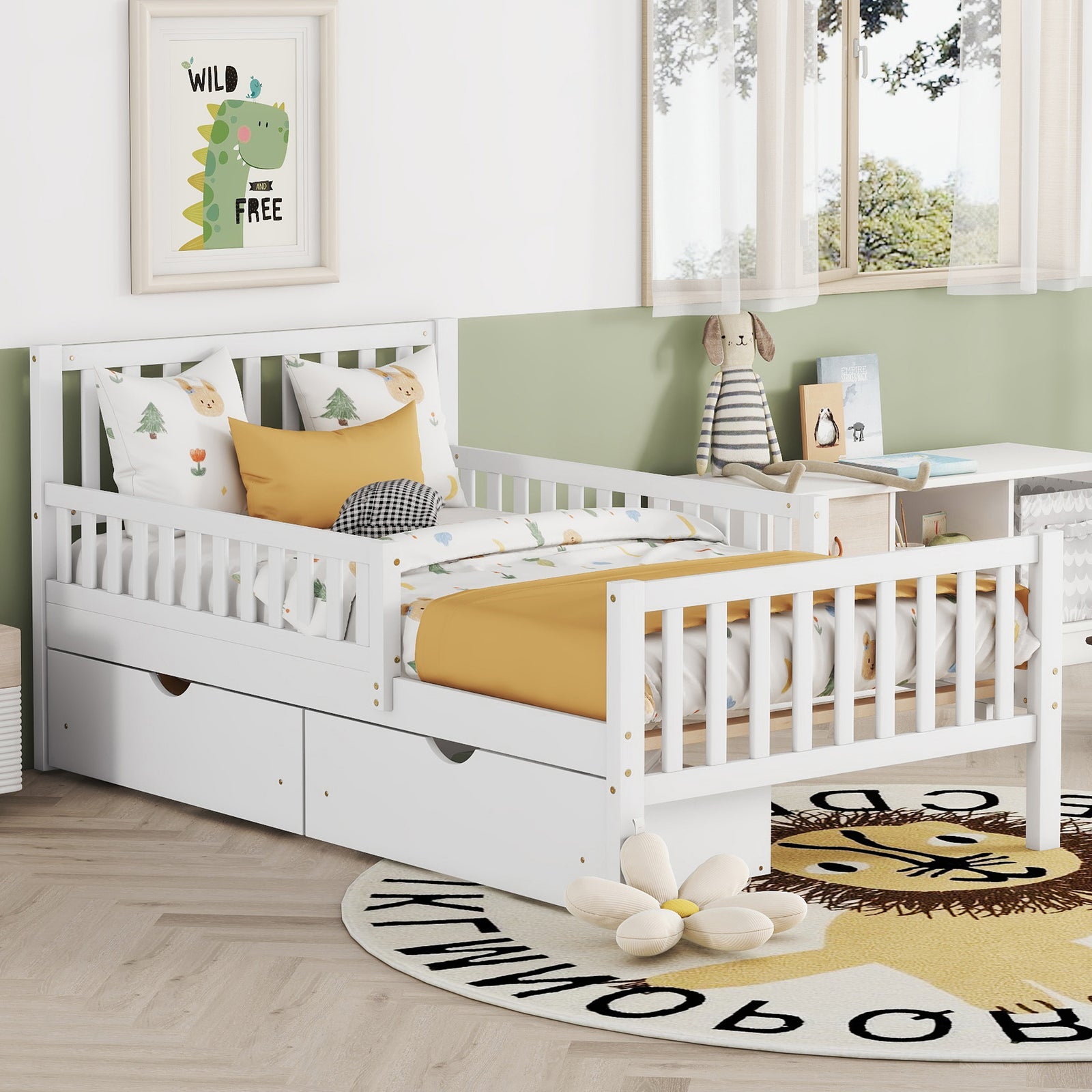 twin-size-wood-platform-bed-with-guardrails-and-two-storage-drawers-in-white