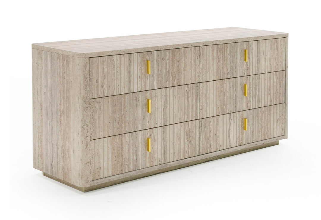 Harris + Roma - Modern Brown Fabric + Faux Travertine 4-Piece Bedroom Set