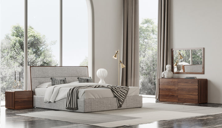 Dustin - Modern Grey Fabric  and  Walnut Trimmed Bedroom Set