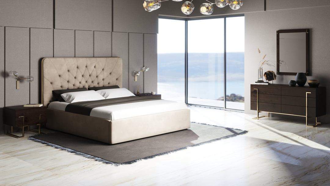 Moontide - Glam Beige Velvet and Brushed Brass Bedroom Set