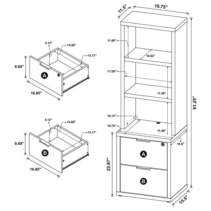 Westpark - 3-Shelf Bookcase USB And Lockable Drawer - Dark Pine