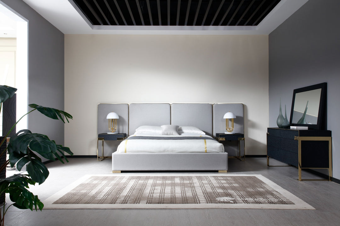 Eastern King Athena & Rothsay - Modern Grey Fabric + Wenge + Gold Bedroom Set