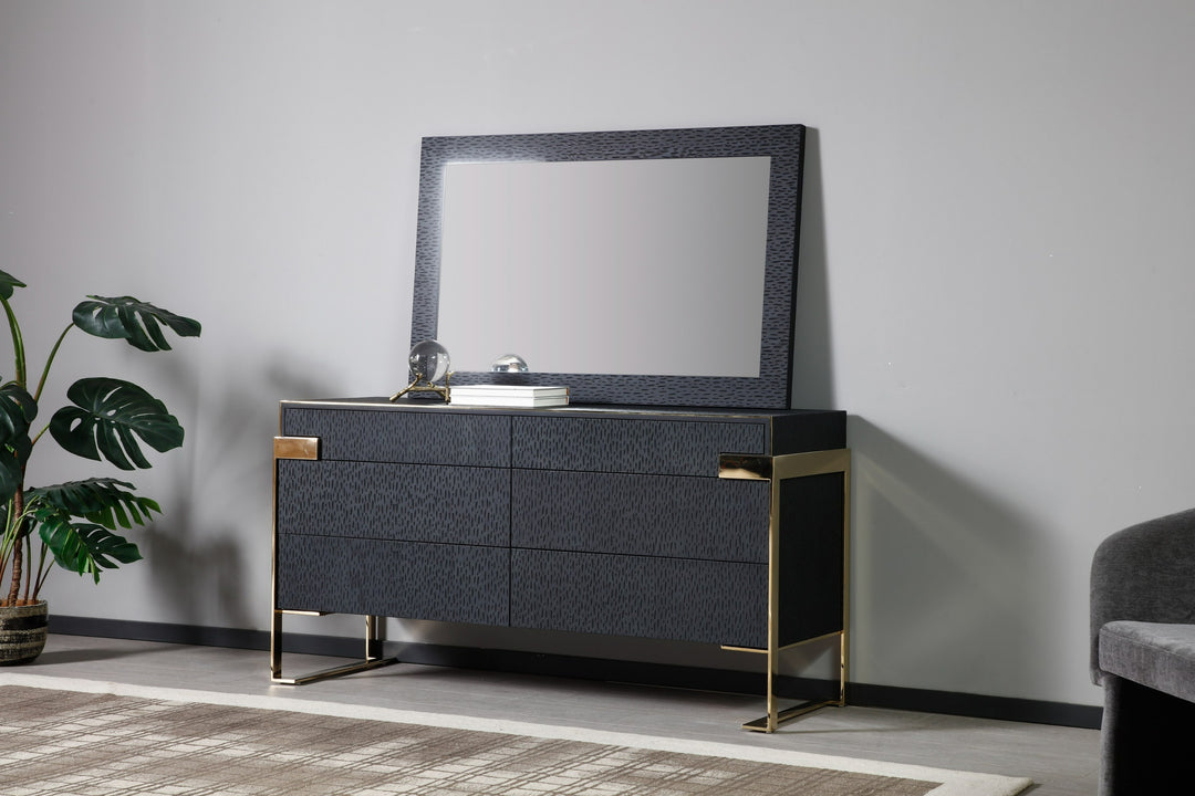 Athena & Rothsay - Modern Grey Fabric + Wenge + Gold Bedroom Set