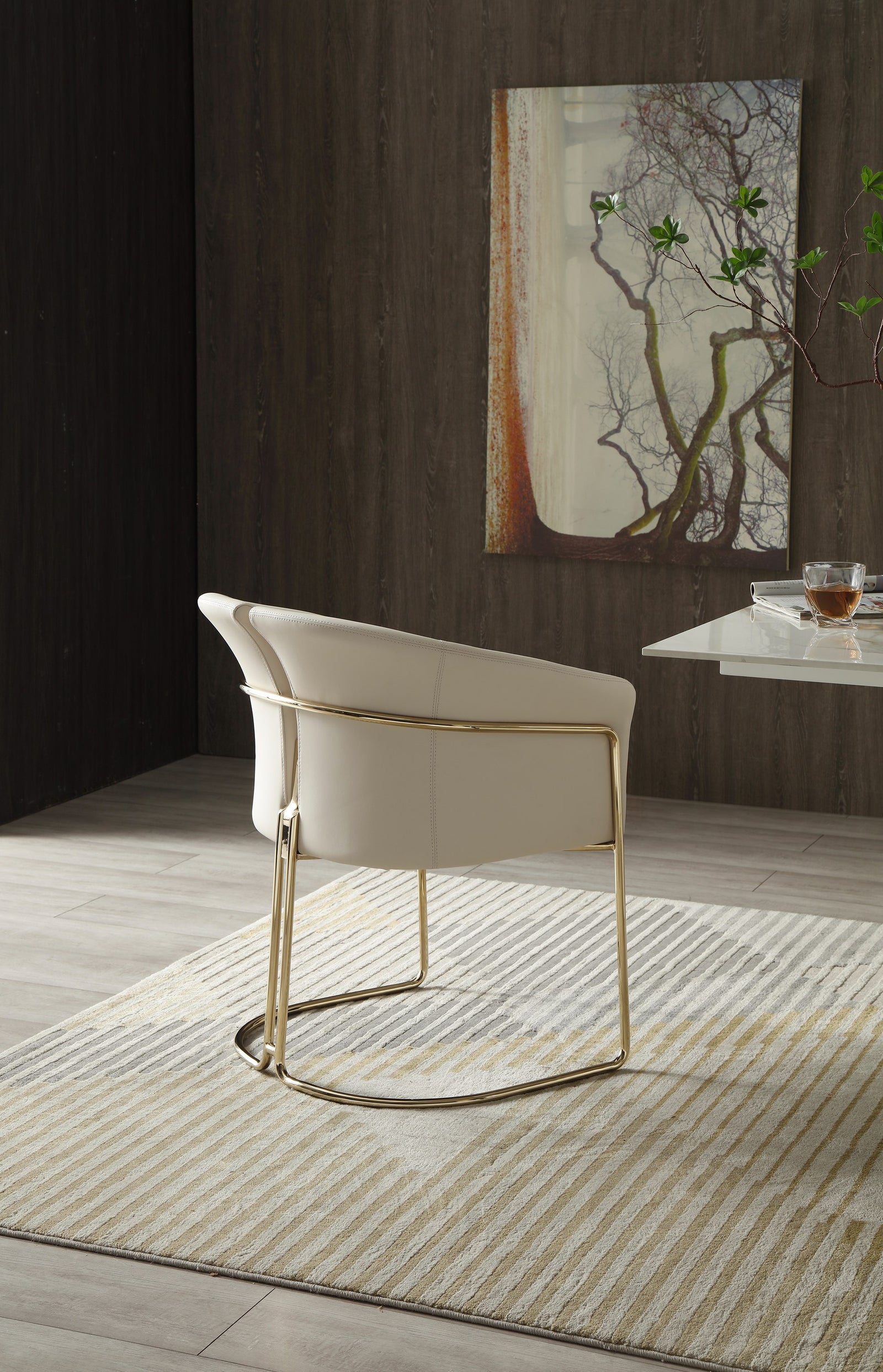 Renfew - Modern Beige Vegan Leather  Champagne Gold Dining Chair