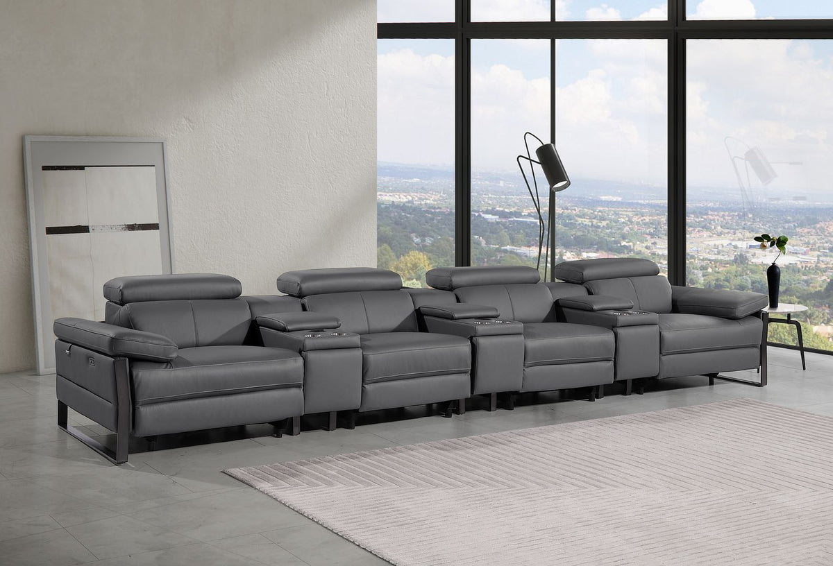DivanItalia 1246 Modular Power Triple Reclining Triple Console Sofa with Power Reclining Headrests – Top Grain Italian Leather - Dark Gray
