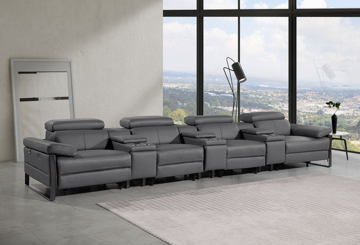 DivanItalia 1246 Modular Power Triple Reclining Triple Console Sofa with Power Reclining Headrests – Top Grain Italian Leather - Dark Gray