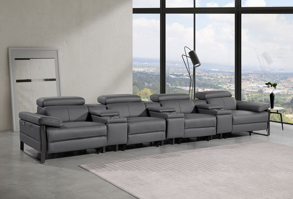DivanItalia 1246 Modular Power Triple Reclining Triple Console Sofa with Power Reclining Headrests – Top Grain Italian Leather - Dark Gray