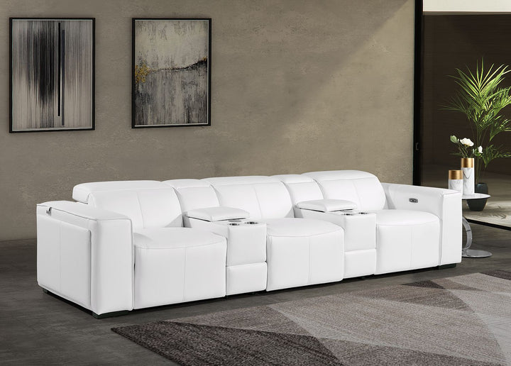 DivanItalia 1224 5-Piece Modular Power Reclining Sofa in Top Grain Italian Leather with 3 Power Recliners &amp; Power Headrests - White