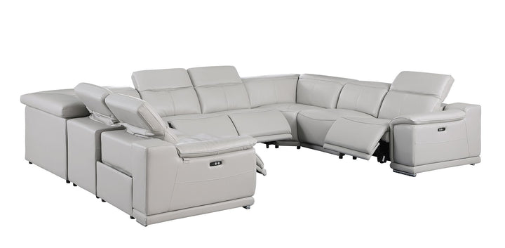 DivanItalia 9762 8-Piece U Shaped Top Grain Italian Leather Sectional Sofa with 4 Power Recliners – No Console - Light Gray