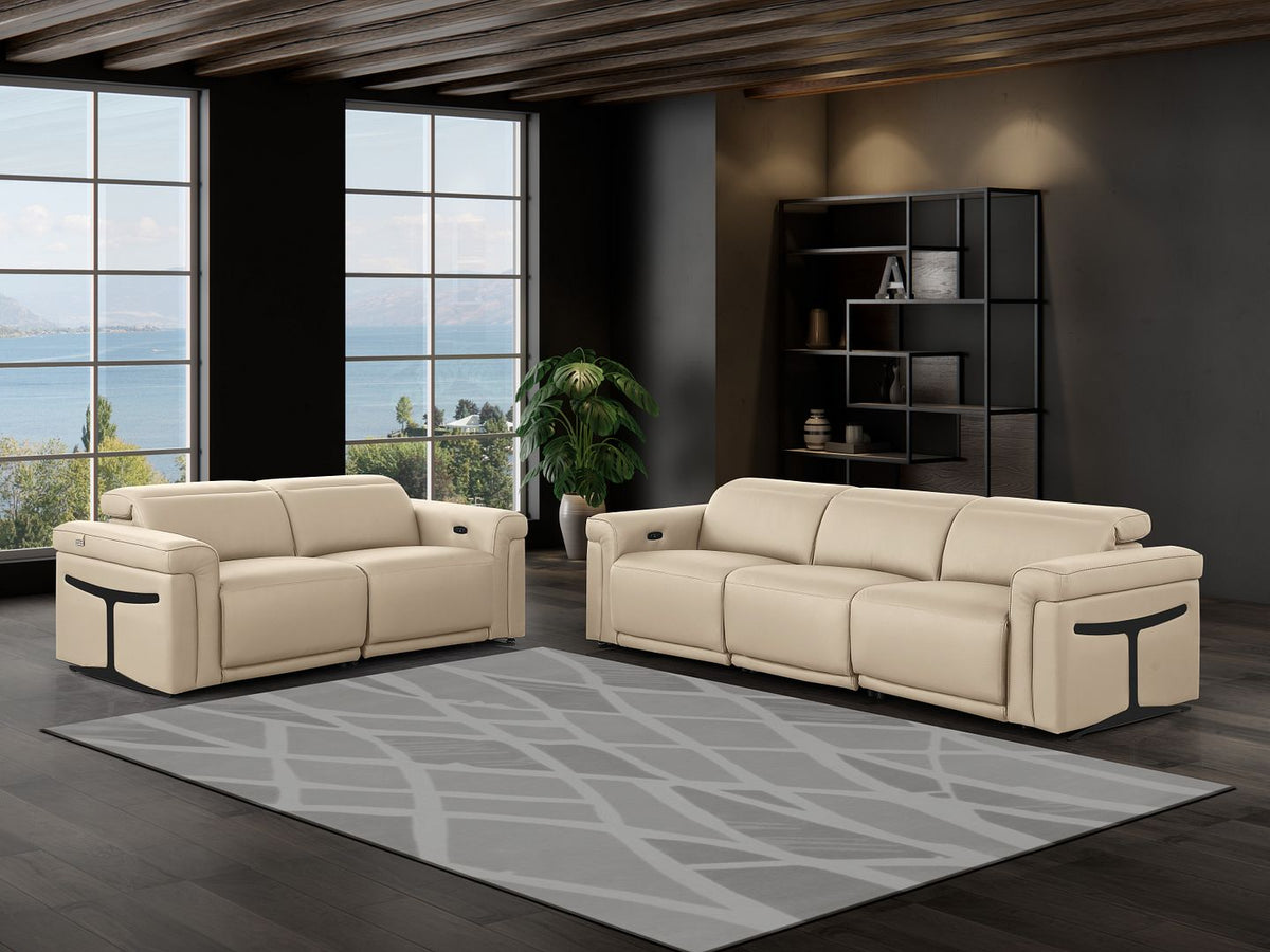 DivanItalia 1126 5-Piece Modular Power Reclining Sofa and Loveseat Set in Top Grain Italian Leather with 4 Power Recliners & Power Headrests - Beige