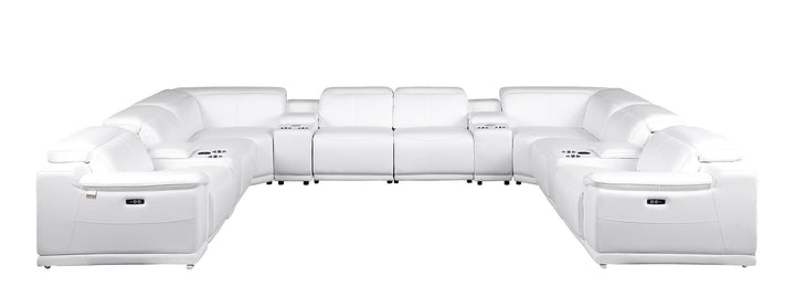 DivanItalia 9762 12-Piece U Shaped Top Grain Italian Leather Sectional Sofa with 4 Power Recliners - White