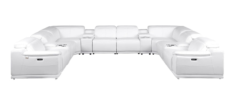 DivanItalia 9762 12-Piece U Shaped Top Grain Italian Leather Sectional Sofa with 4 Power Recliners - White