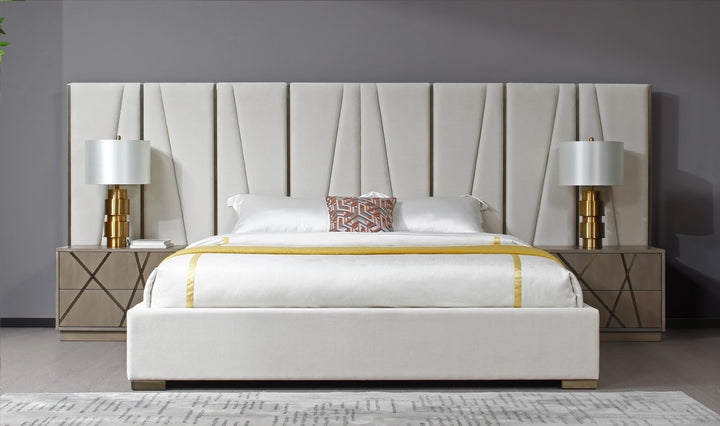 Nixa - Modern Beige Velvet + Brushed Bronze + Birch Bed + Nightstands-queen