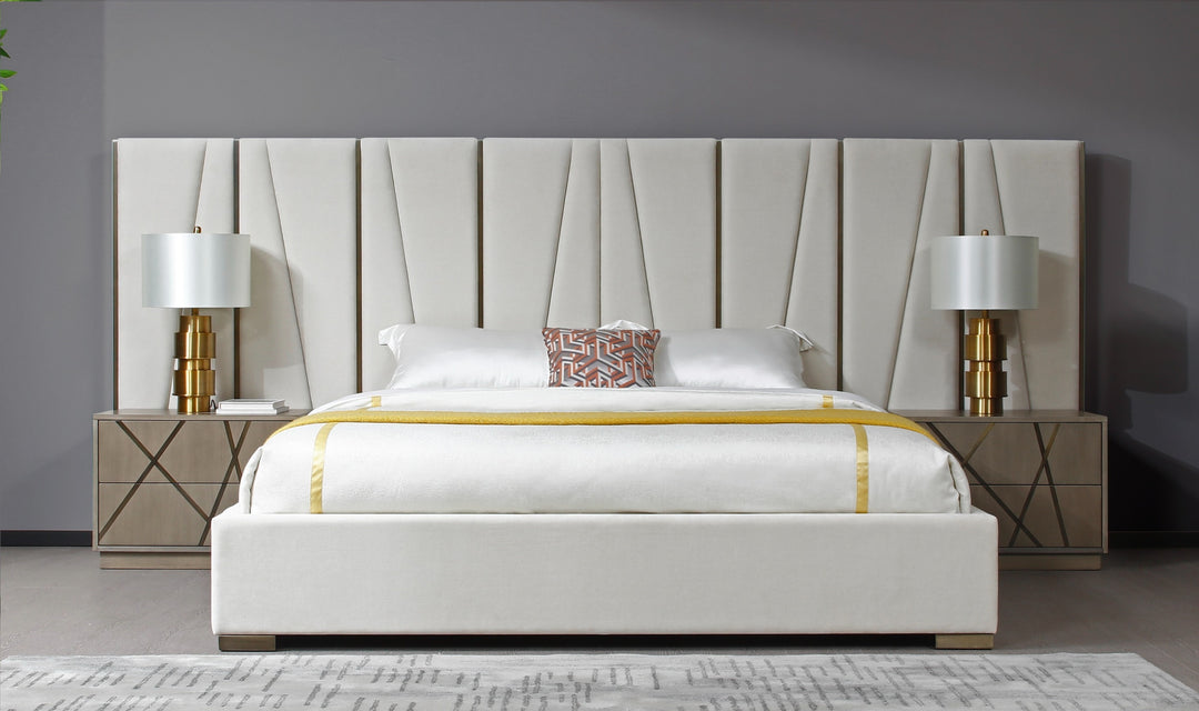 Nixa - Modern Beige Velvet + Brushed Bronze + Birch Bed + Nightstands-eastern