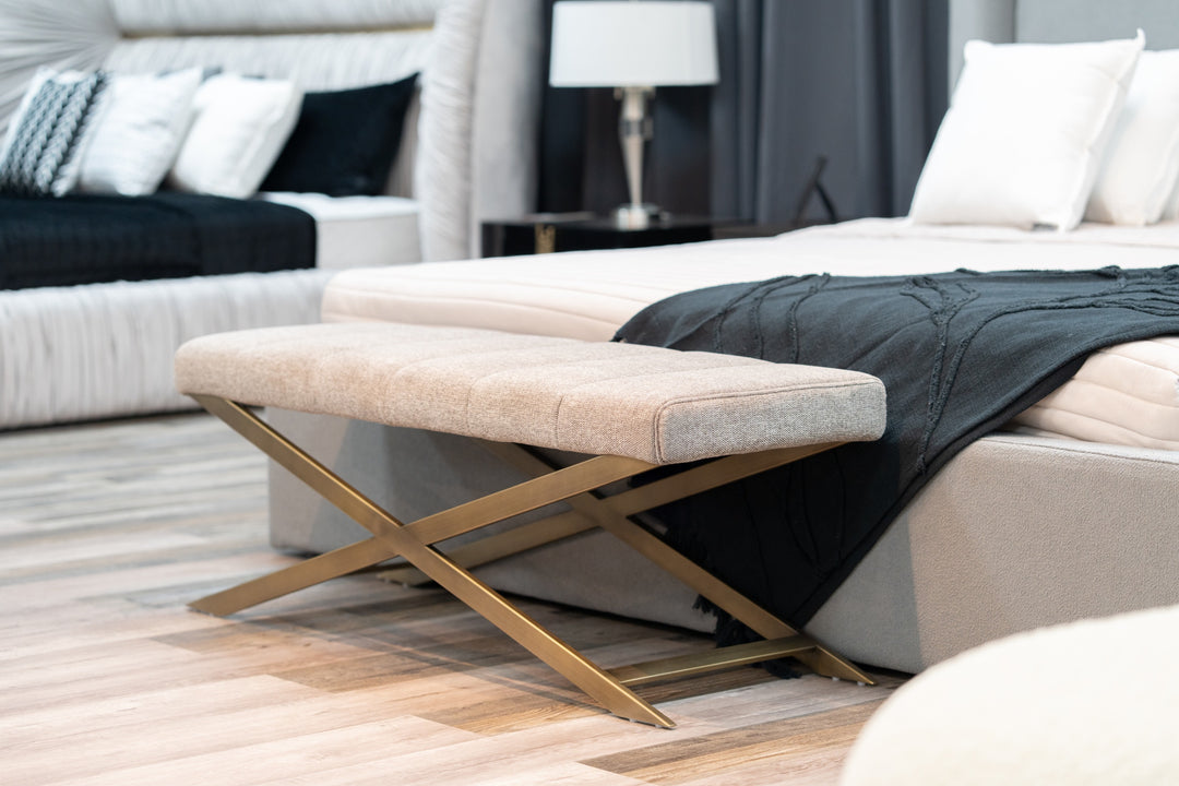 Xane  Contemporary Grey Fabric & Brushed Brass Bench