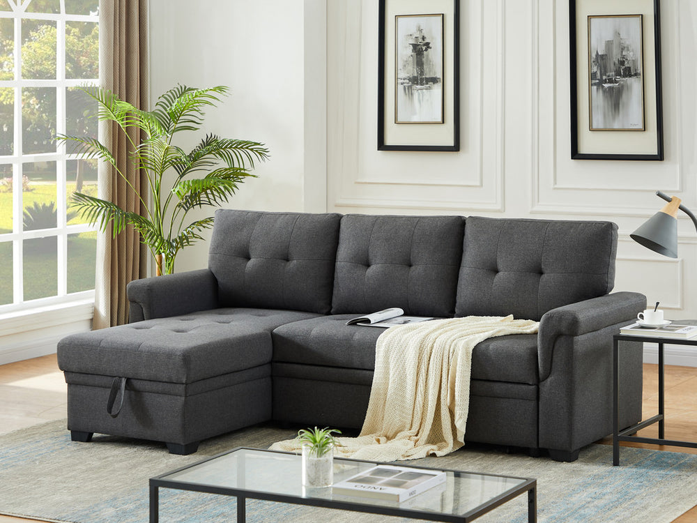 Lucca 84"W Dark Gray Linen Reversible Sleeper Sectional Sofa with Storage Chaise - View 3