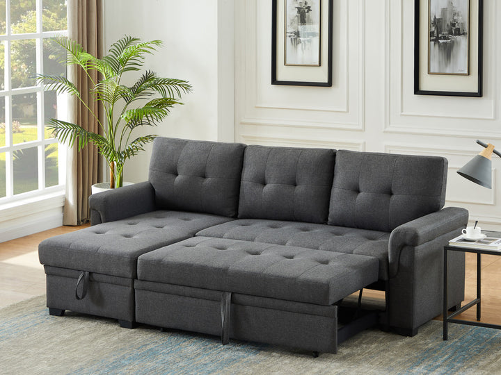 Lucca 84"W Dark Gray Linen Reversible Sleeper Sectional Sofa with Storage Chaise - View 4