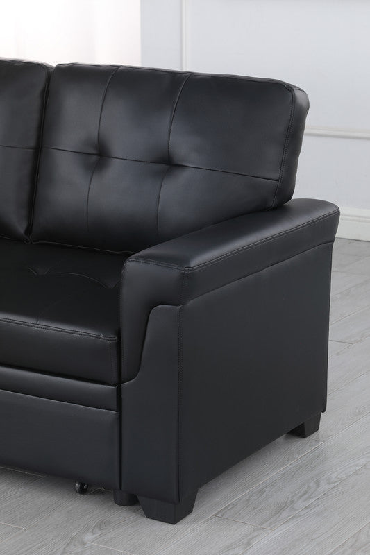Lucca 83.5"W Black Vegan Leather Modern Reversible Sleeper Sectional Sofa with Storage Chaise - View 9