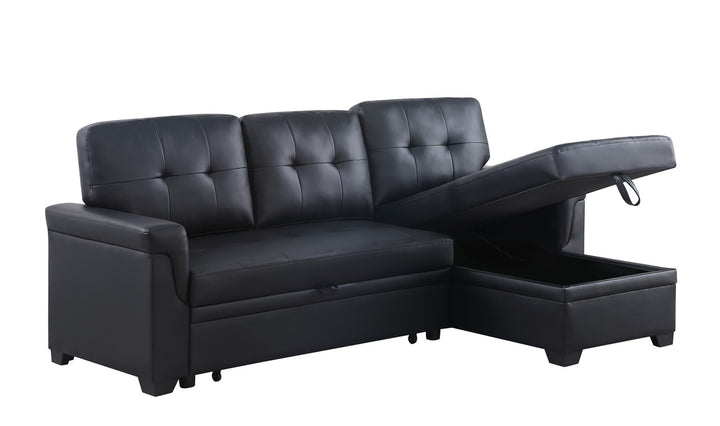 Lucca 83.5"W Black Vegan Leather Modern Reversible Sleeper Sectional Sofa with Storage Chaise - View 7