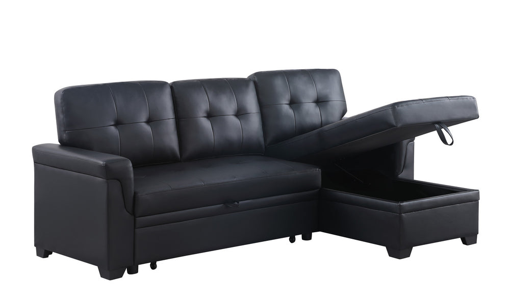 Lucca 83.5"W Black Vegan Leather Modern Reversible Sleeper Sectional Sofa with Storage Chaise - View 7