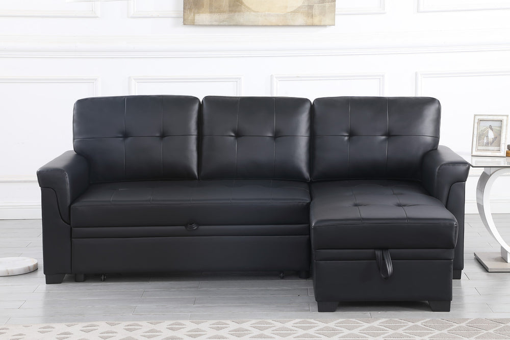 Lucca 83.5"W Black Vegan Leather Modern Reversible Sleeper Sectional Sofa with Storage Chaise - View 3