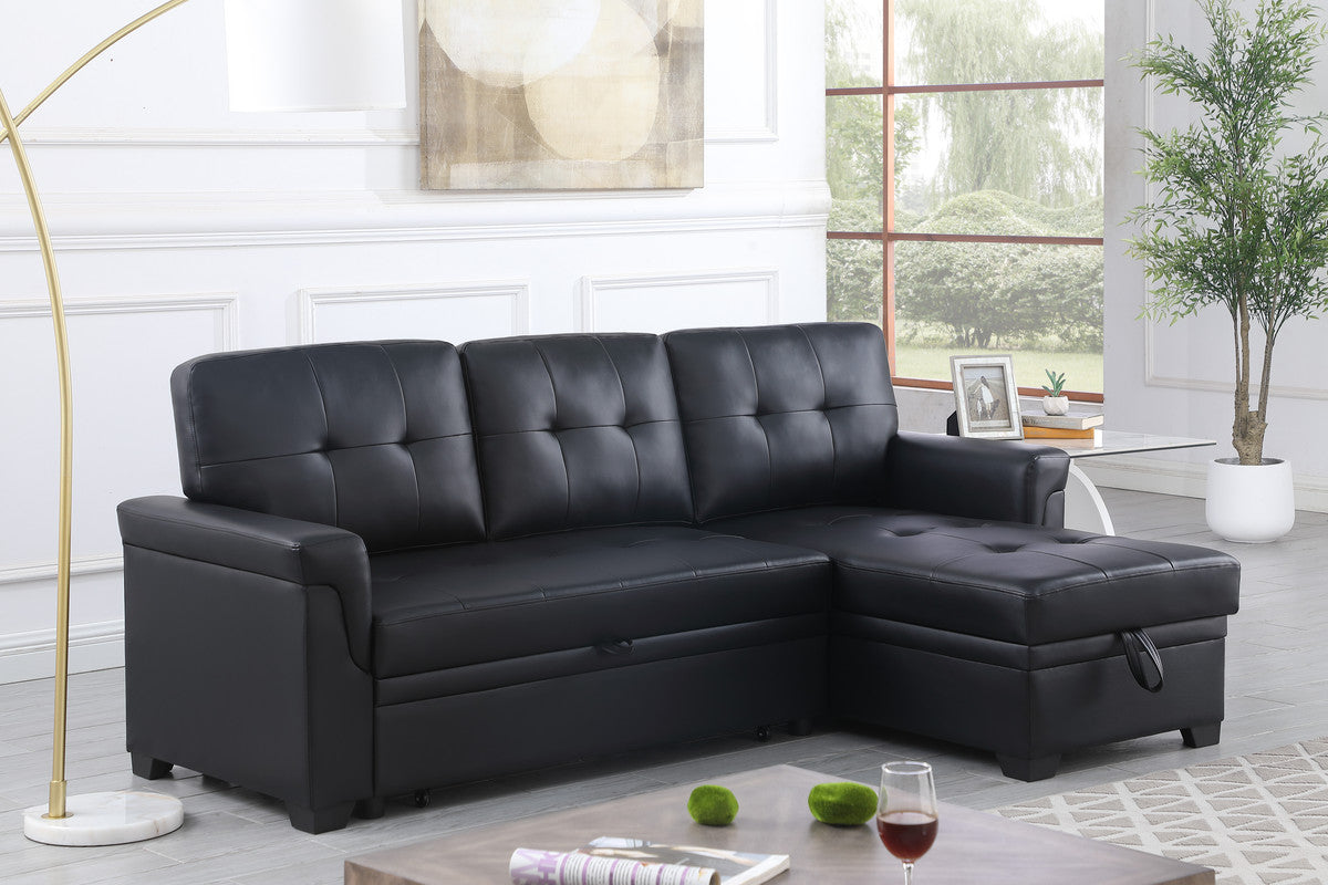 Lucca 83.5"W Black Vegan Leather Modern Reversible Sleeper Sectional Sofa with Storage Chaise