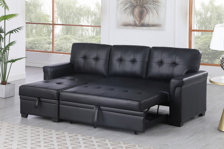Lucca 83.5"W Black Vegan Leather Modern Reversible Sleeper Sectional Sofa with Storage Chaise - View 5