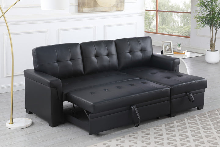 Lucca 83.5"W Black Vegan Leather Modern Reversible Sleeper Sectional Sofa with Storage Chaise - View 4