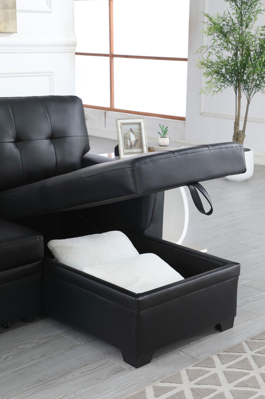 Lucca 83.5"W Black Vegan Leather Modern Reversible Sleeper Sectional Sofa with Storage Chaise - View 8