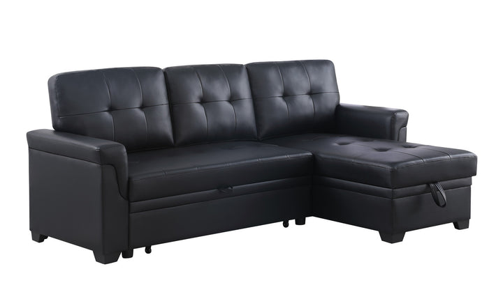 Lucca 83.5"W Black Vegan Leather Modern Reversible Sleeper Sectional Sofa with Storage Chaise - View 2