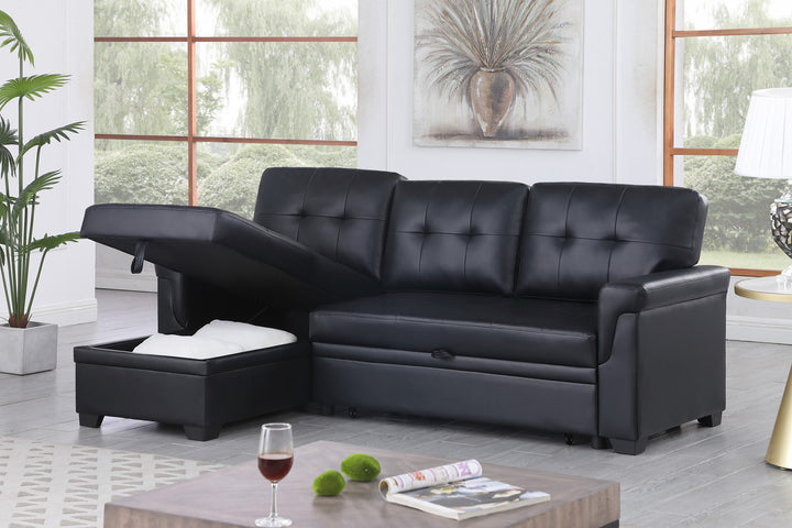 Lucca 83.5"W Black Vegan Leather Modern Reversible Sleeper Sectional Sofa with Storage Chaise - View 6