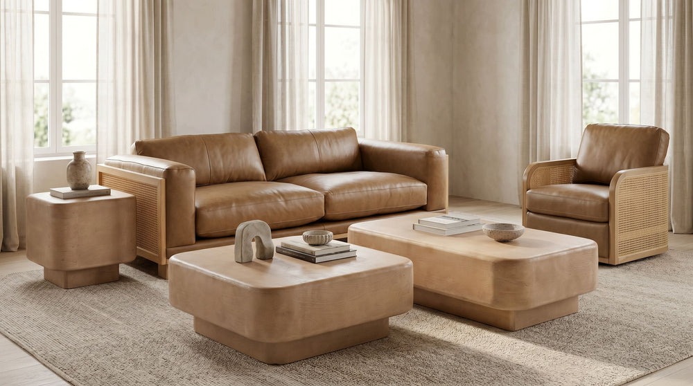 Danson - Modern Tan Leather + Wicker Sofa - View 10