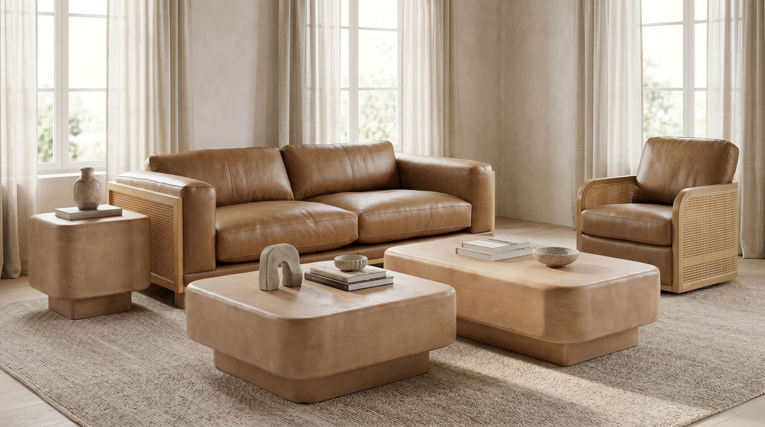 Danson - Modern Tan Leather + Wicker Sofa