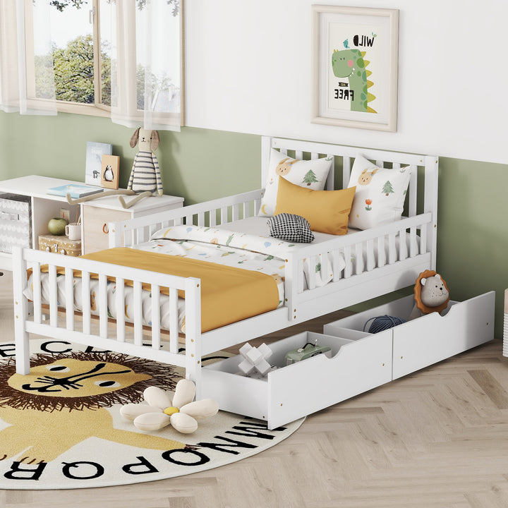 Twin Size Wood Platform Bed with Guardrails and Two Storage Drawers in White