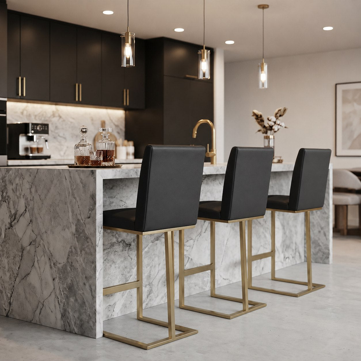 Frankie - Modern Dark Grey Vegan Lether + Antique Brass Counter Stool - View 5