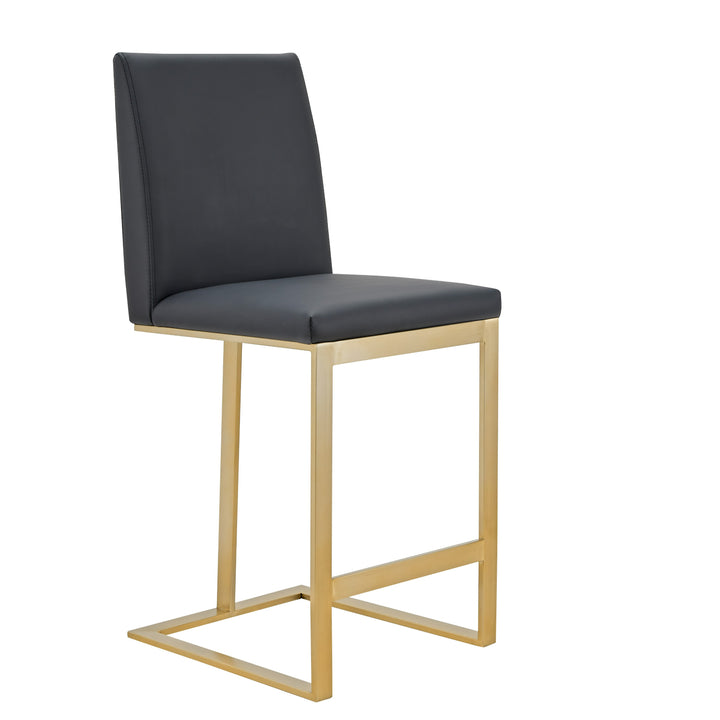 Frankie - Modern Dark Grey Vegan Lether + Antique Brass Counter Stool