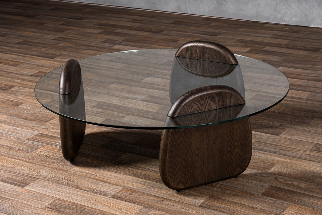 Buxton  Mid-Century Modern Glass + Dark Walnut Coffee Table