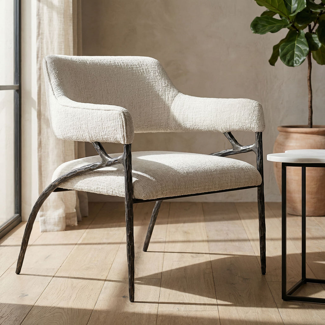 Ector - Modern Off-White Fabric + Forged Metal Accent Chair