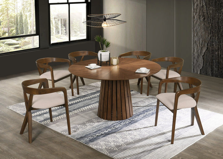 Weiss - Mid-Century Modern Walnut Round Dining Table  6 Chair Set