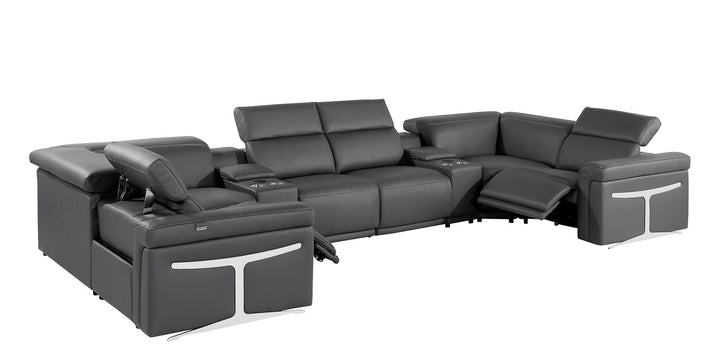 DivanItalia 1126 8-Piece U-Shaped Sectional Sofa in Top Grain Italian Leather with 2 Power Recliners &amp; Power Headrests - Dark Gray