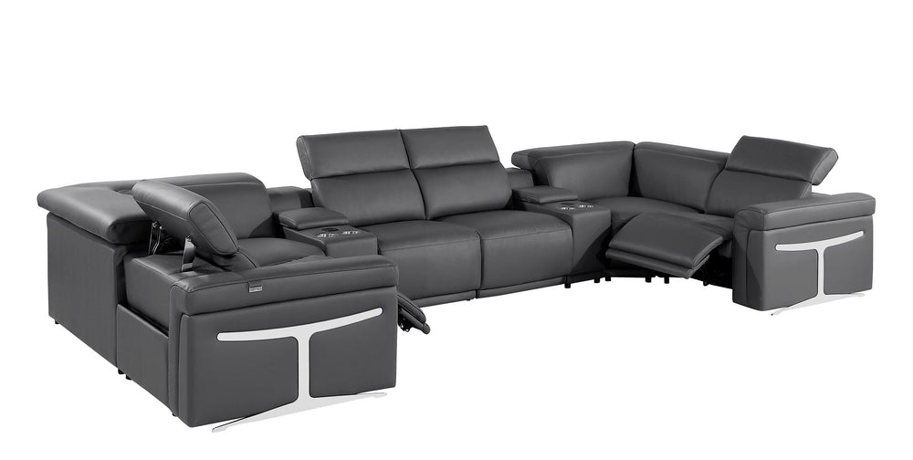 DivanItalia 1126 8-Piece U-Shaped Sectional Sofa in Top Grain Italian Leather with 2 Power Recliners & Power Headrests - Dark Gray