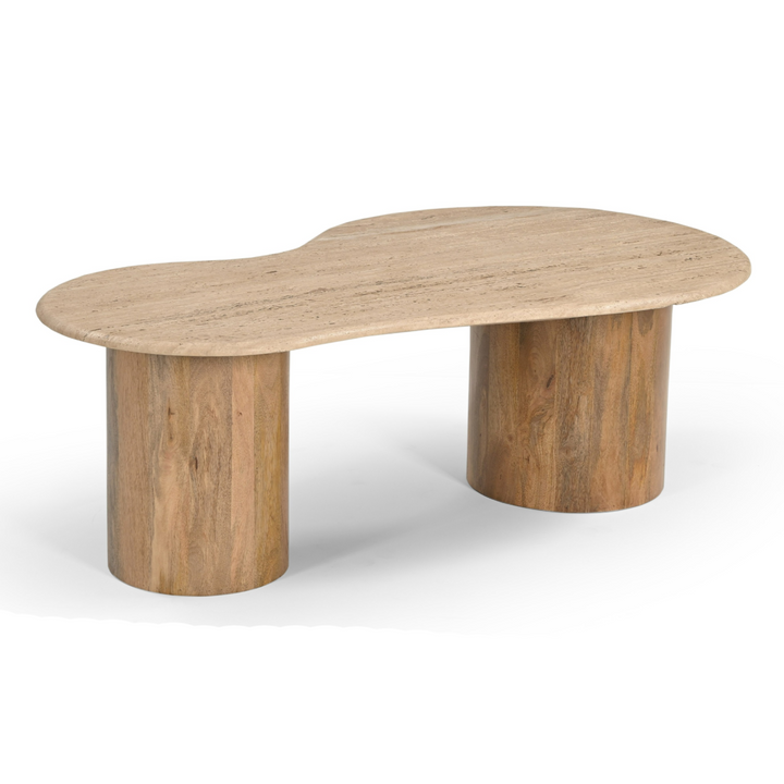 Sanford - Modern Travertine Marble + Wood Freeform Coffee Table
