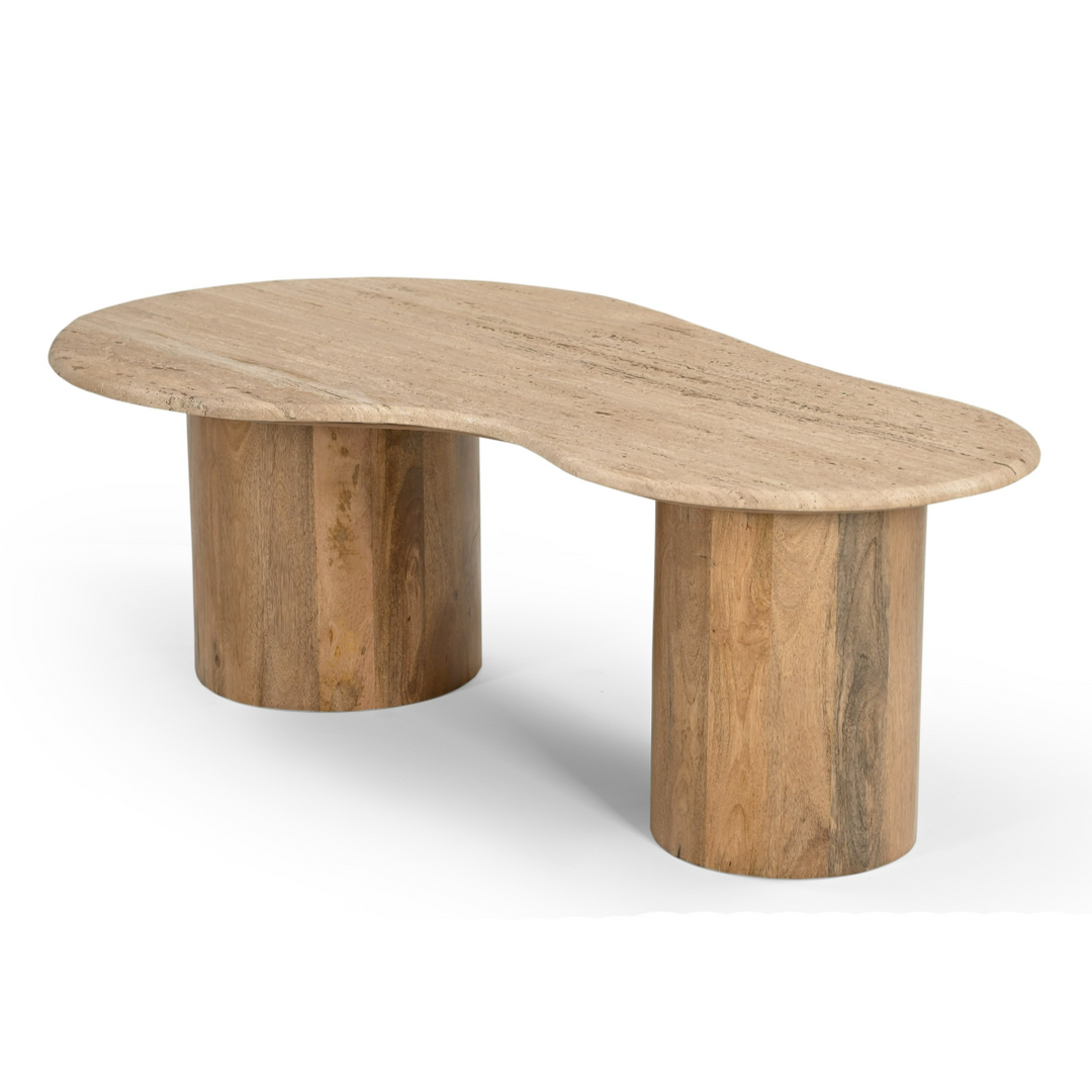 Sanford - Modern Travertine Marble + Wood Freeform Coffee Table