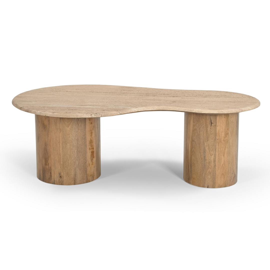 Sanford - Modern Travertine Marble + Wood Freeform Coffee Table