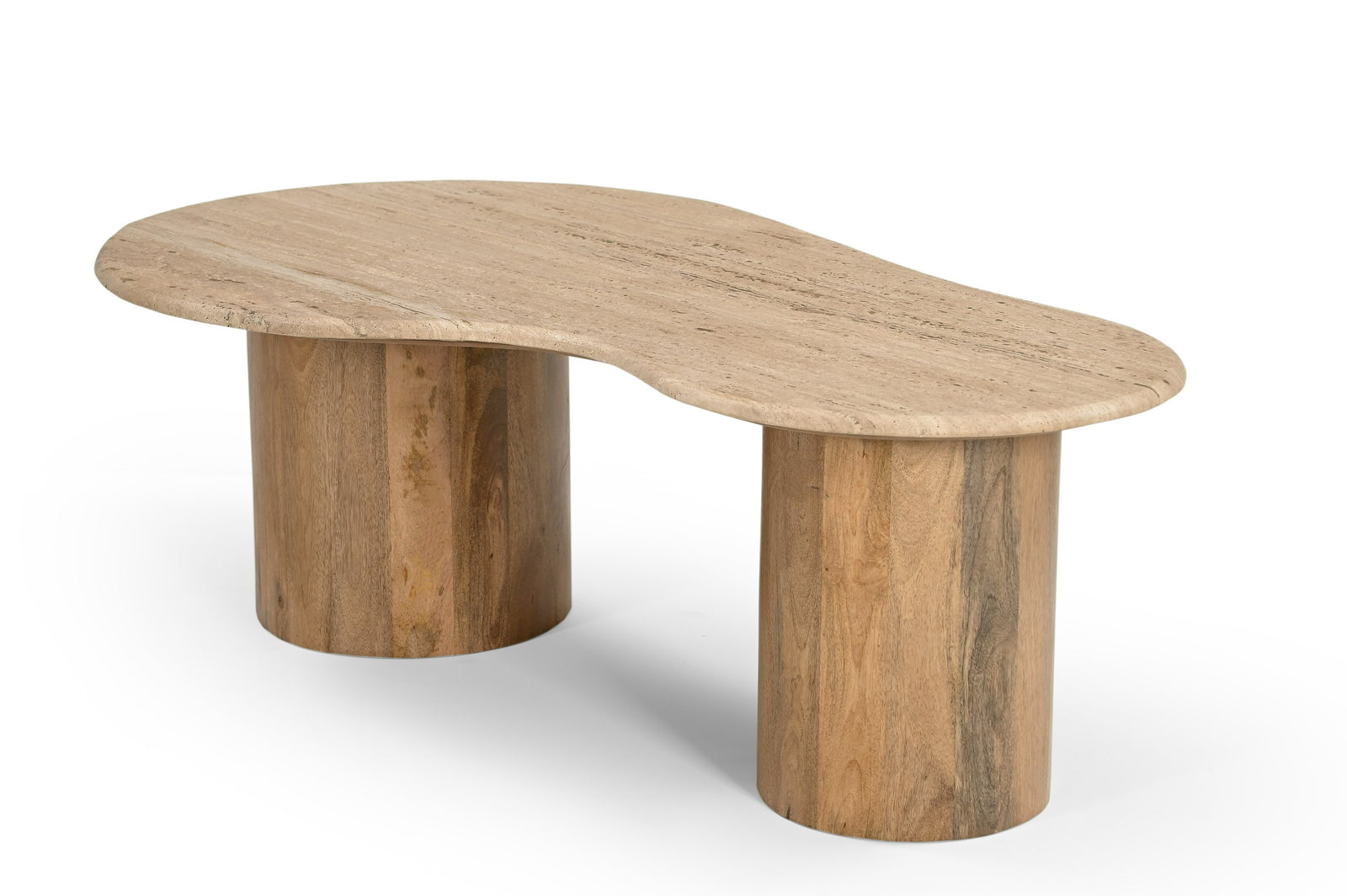 Sanford - Modern Travertine Marble  Wood Freeform Coffee Table