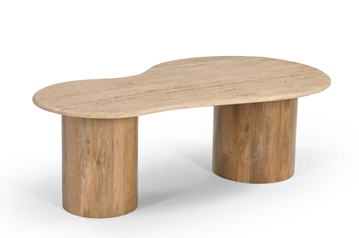 Sanford - Modern Travertine Marble  Wood Freeform Coffee Table